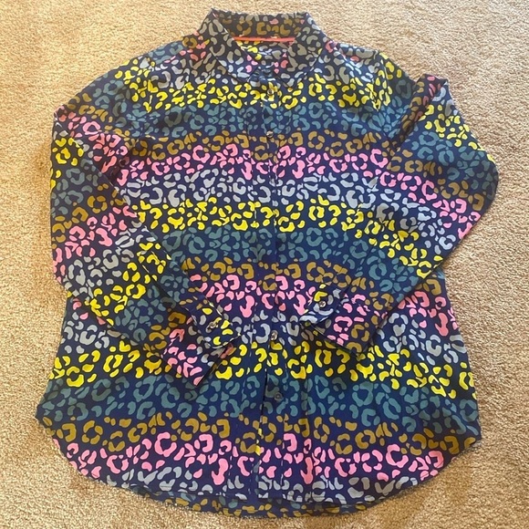 BODEN Silk Button Down Shirt Rainbow Geo Animal AOP Navy Yellow Pink Gray M - Picture 2 of 9